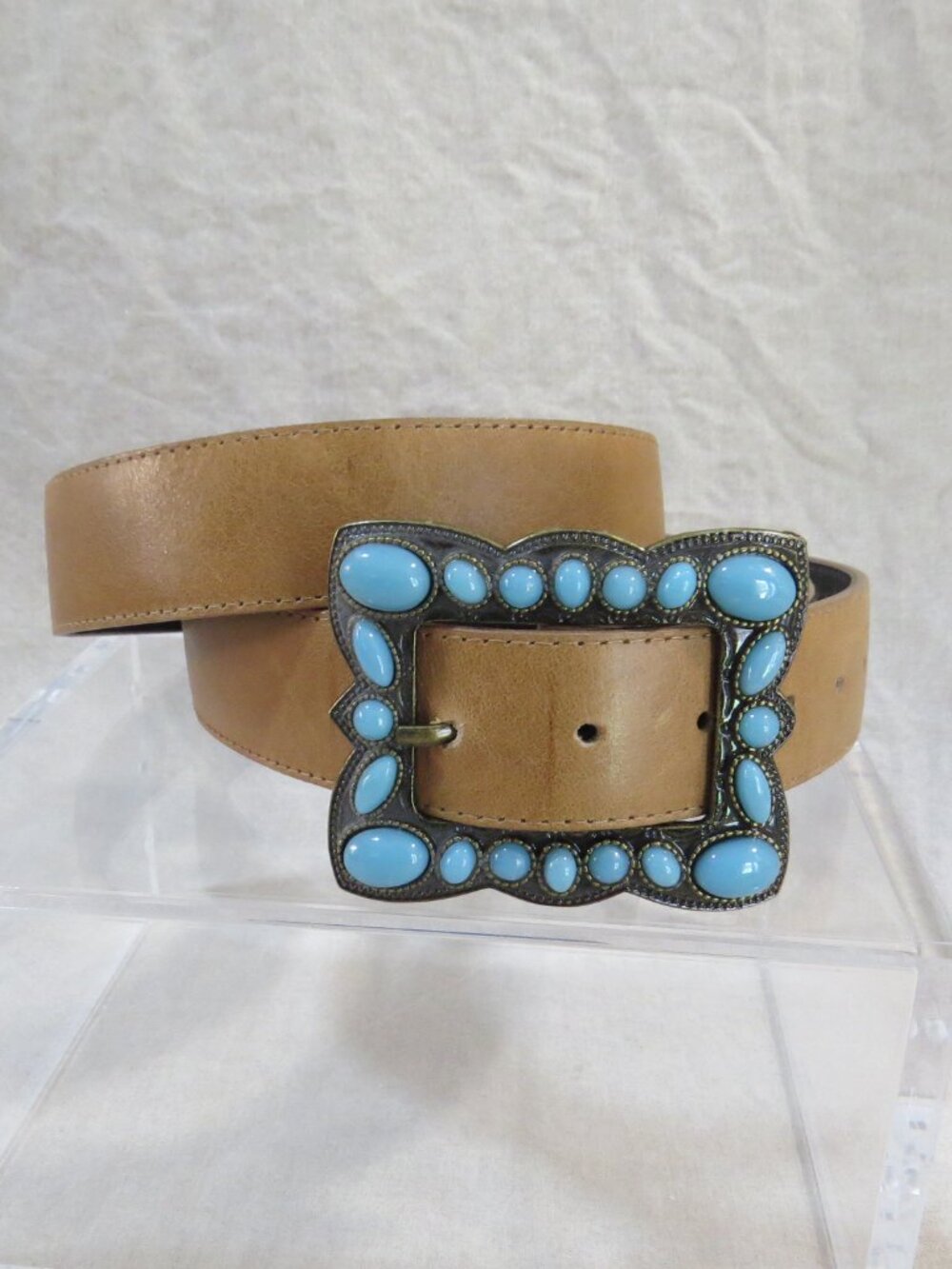 Landes Leather Belt with Faux Turquoise Buckle SIZE XL Tan Brown, Made in Canada